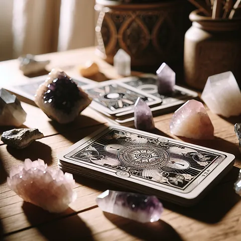 Realistic stock image of tarot cards and crystals