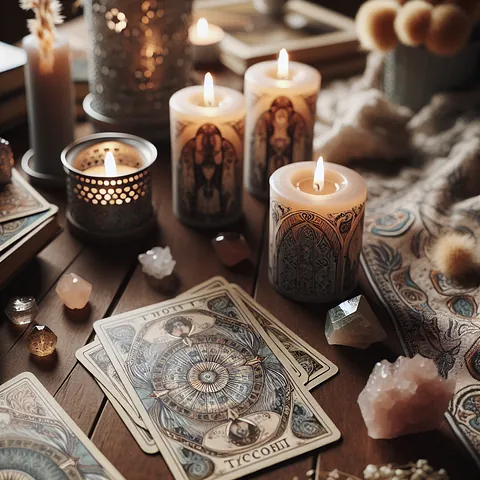 Realistic stock image of tarot cards and candles